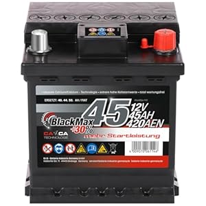 BlackMax Autobatterie 12V 45Ah 420A/EN – Wartungsfreie Starterbatterie mit +30% Startkraft – Ersetzt 40Ah, 44Ah, 45Ah – Für PKW & Kleinwagen – Sofort Einsatzbereit & Rüttelfest