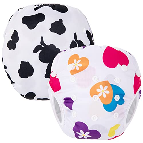 PHOGARY Pañal Bañador (2 Piezas) Pañal De Matar Pantalones De Entrenamiento, Pañales De Baño Para Niños Niñas 0-3 Años (3-15kg), Estampado Vaca + Corazón