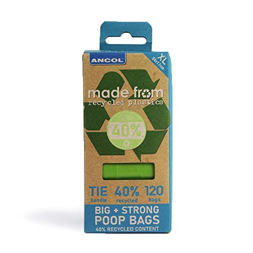 Ancol Made From Dog Puppy Waste Bags Green - 8 Refill Packs with Tie Handles - Eco Friendly Recycled Ocean Bound Plastic Poop Bags - Compostable Packaging - Pack of 120