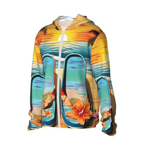 Flip Flops and Tropical Beach Scene Camisas masculinas FPS 50+ com capuz e proteção solar feminina m