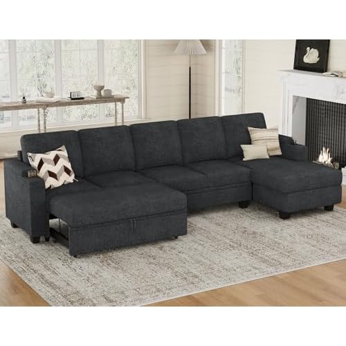 Belffin Modular Sectional Sleeper Sofa Bed with Storage Chaise L Shaped Sectional Couches for Living Room Armrest with Cup Holder. Dark Grey Couch Dark Grey Sleeper 1