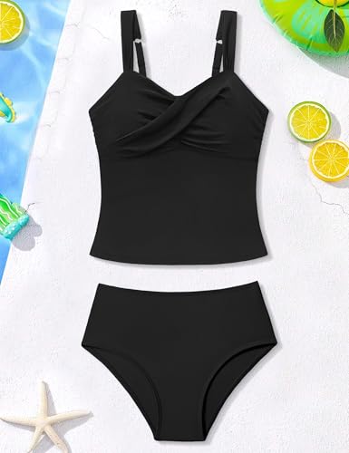 Image of Girls Swimsuit 2 Piece Bathing Suit Criss Cross Ruched Girl Tankini Sets Printed Girls' Swimwear for 9-18 Years
