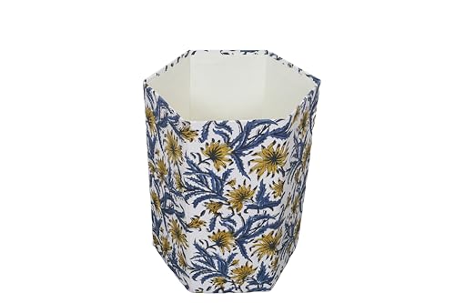 Image of 3.3 Gallon Cotton Hand Block Printed Paper Waste Basket |Small Decorative Trash Can for Housewarming Gifts in Living Room, Bedroom, Bathroom | Eco-Friendly, Plastic-Free (1, Blue Yellow FLOWAR)