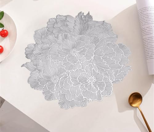 Image of Floral PVC Dining Table Placemats Set of 6 | Non-Slip Heat Resistant Table Mats for Dining Table | Decorative Table Mats for Home, Kitchen & Party Decor | 38 x 38 CM (Silver, Floral)