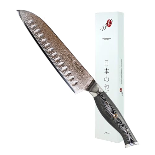 Totiko Cuchillo profesional de acero de Damasco, cuchillo de cocina profesional japonés de carne, pescado y verduras, hoja de 19 cm, Santoku Yoshinaka Damascato, mango de resina G-10 Japan Knives