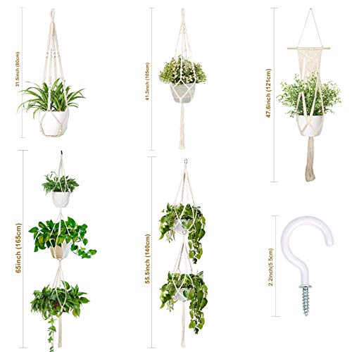 Ourwarm 5 Pack Macrame Plant Hanger Indoor Outdoor Hanging Planters + 5 Hooks, Hanging Planter Basket Handmade Flower Pot Holder For Hanging Flower Pots With Beads 65In / 55In/47In/41In/31In Ivory #TOP1