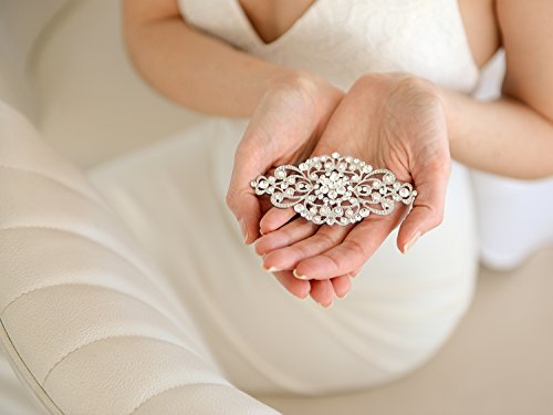 Mariell Vintage Bridal Crystal Brooch Pin, 4" Wide, Antique Silver Wedding Pin, Rhinestone Brooch for Brides and Wedding, Art Deco Fashion Accessory4