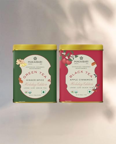 Image of Makaibari Holiday Edition : Apple Cinnamon Black Tea & Ginger Spice Green Tea | USDA Certified Premium Chai | Anti-Oxidants, Immunity Booster | Tin Caddy