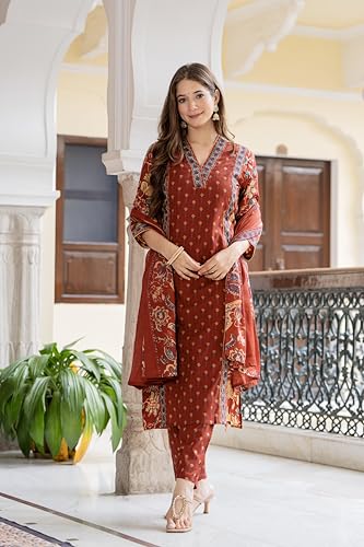 Image of MEERA FAB Women's Cotton Blend Straight Printed Kurta with Palazzo & Dupatta