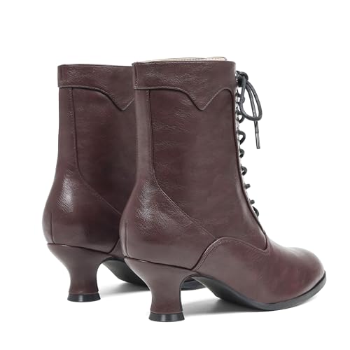 Image of Women's Victorian Ankle Boots - Mid Calf, Round Toe, Black Boots with Chunky Heel & Lace Up Detail
