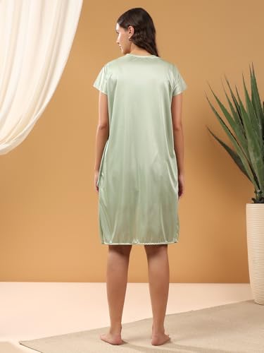 Image of Women 2 Pieces Bridal Light Green Satin lace Self Design Night Wear Lingerie Babydoll Set Satin Short Nighty with Lace & Robe