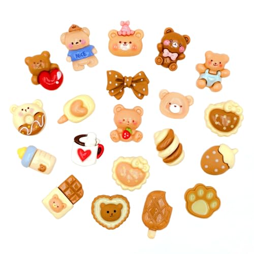 Eooberr 20Pcs Brown Bear Theme Shoe Charms- Cute Bear Bread Bow & Dessert Resin Accessories for Girls DIY Decor