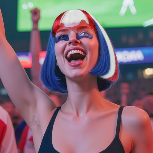 Image of ANOGOL Hair Cap+ (Sunglasses) Blue Red and White Bob Wig 4th of July Wig Synthetic Hair Short Patriotic Wigs for Independence Day Blue Red White Flag Wigs for Halloween Party Costume Outfit