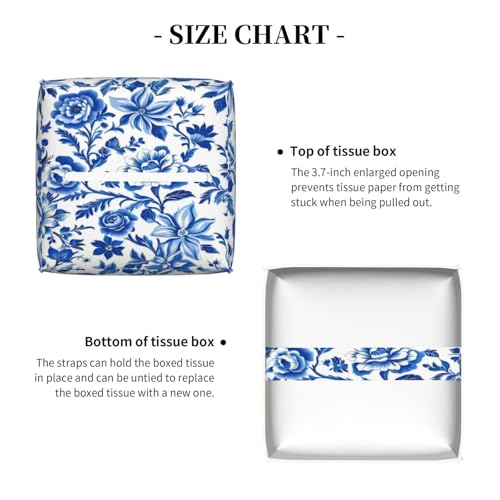 Blue Floral Flowers and Leaves Chinoiserie Tissue Box Cover Square Pu Leather Tissue Holder Facial Tissue Case Facial Paper Organizer Dispenser for Home Bedroom Dresser Night Stand Office Desk Car by Poacnip - Image 5
