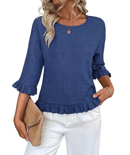 Urchics Womens Ruffle 3/4 Sleeve Tops Casual Linen Blouses Crew Neck Drop Shoulder Dressy Shirts Fall Outfits