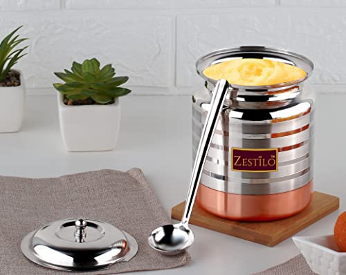 Image of Stainless Steel Oil /Ghee Jar Ghee Container Oil Pot Ghee Container With Spoon Copper Bottom Finish (750 Ml), Blue-Violet