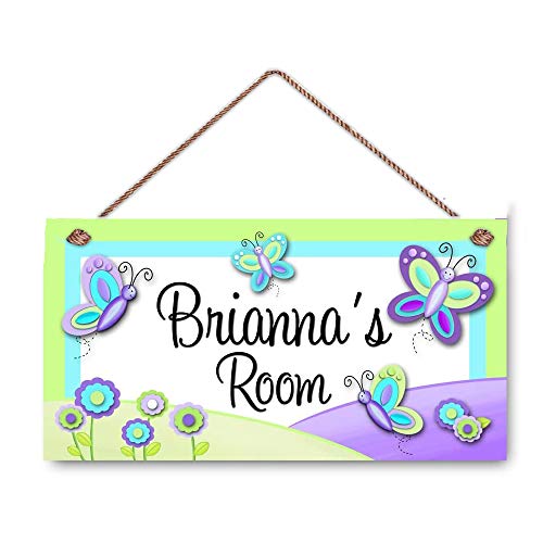 Pretty Purple and Green Butterfly Girls Bedroom Personalized Name Door Wood Plaque Hanging Wall Art Decor Gift