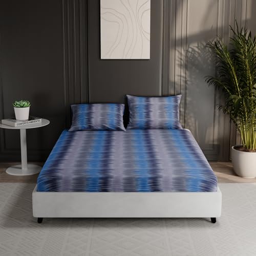 Image of BLISSHOME Everlast 150TC King Size Fitted Bedsheet with 2 Pillow Covers, Aesthetic Bedding, Wrinkle Resistant, 100+ Wash Durable, Quick Dry, Geometric Pattern - Blue (183cm x 198cm + 25cm Drop)