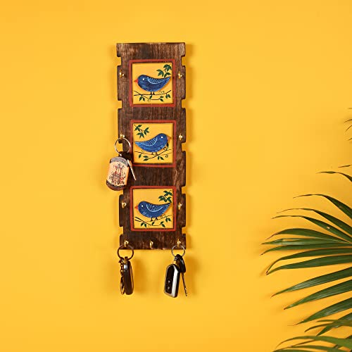 Image of AAKRITI ART CREATIONS Key Holder, Love Birds Key Holder with Key Hangers | Rustic Wooden Wall Organizer with 9 Hooks | New Home Gifts | Multifunctional Entryway Decor Item