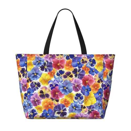 The Garden Tricolor Pansy Flower Print Large Beach Tote Bag for Women Extra Large Capacity Sandproof Waterproof Pool Bag Suitable for Swimming Pool Gym Groceries Travel2