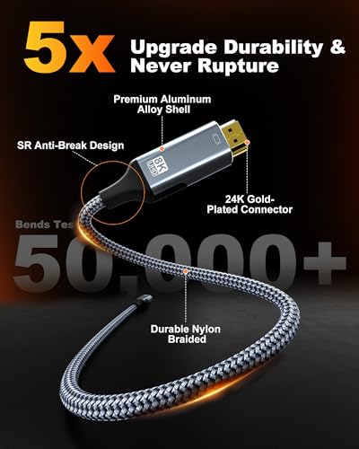 USB C to HDMI 2.1 Cable 6FT, 8K@60Hz 4K@144Hz High Speed 48Gbps Type C to HDMI Braided Cord, [Thunderbolt 3/4 Compatible] with MacBook, iPhone 16/15 Pro/Max, iMac, iPad Pro, Galaxy S24, Surface — view 6