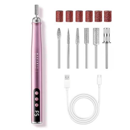 Image of Makartt Pen-Shaped Rechargeable Nail Drill for Beginners: 25,000 RPM Cordless Electric Nail File with 5-Speed LED Display, Lightweight Quiet E File Kit for Gel Polish Removal, Home Travel Use (Pink)