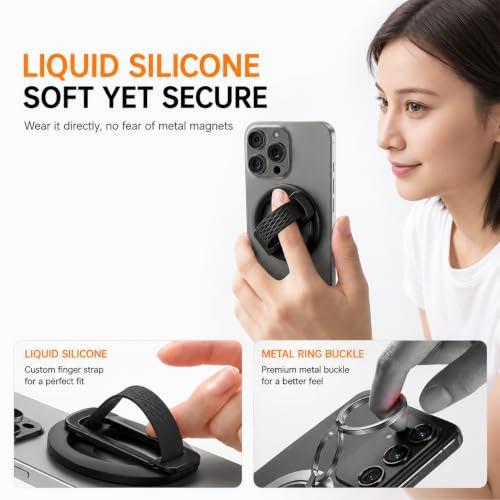 Image of Mizi Magnetic Phone Grip for Mag Safe, Soft Silicone Finger Loop, 180 Adjustable Kickstand, Strong Magnetic Phone Ring Holder, Zinc Alloy Stand for i Phone 18 /17 /16 /15 /14 /13 /12 & Android - Black