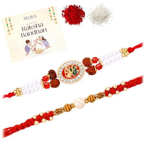 Image of Peora Rakhshabandhan Thread Rakhi for Brother Bhaiya | Kundan Beads & Crystal Studded | Combo Set of 2 | Rakhi Hamper Roli Chawal & Greeting Card