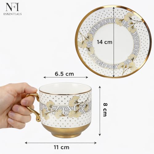 Image of NFI essentials Ceramic Cup & Saucer Set of 6 Pcs, Tea /Coffee Cup, Microwave & Dishwasher Safe, Premium Mug Perfect for Daily Use, Office, Gifting Elegant Golden Color Design 200ML