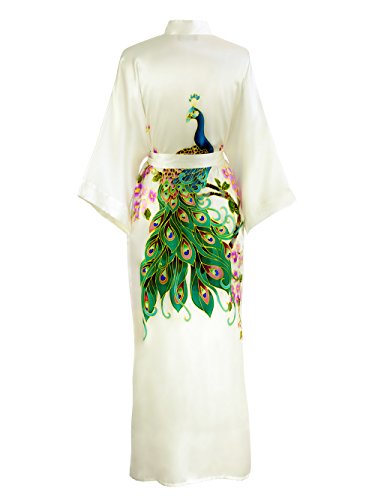 OLDSHANGHAI Women's Silk Kimono Robe Long - Handpainted - Peacock White, 100 Percent Silk Robes for Women with Handpainted Design, Long Silk Robe 52 inches in Length, One Size Fits Most. - Thumbnail 5