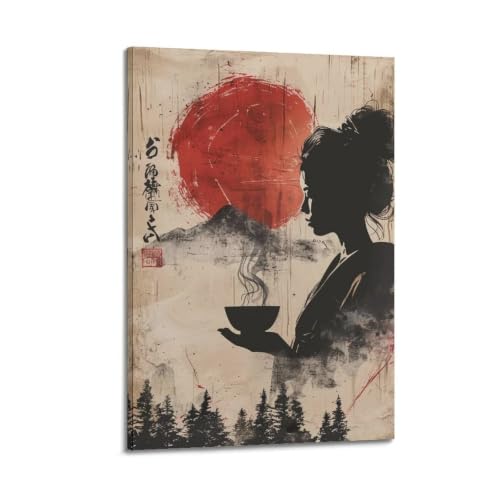 Poster Sumi E Geisha et Soleil Rouge | Toile Vintage Salon 30x45 cm
