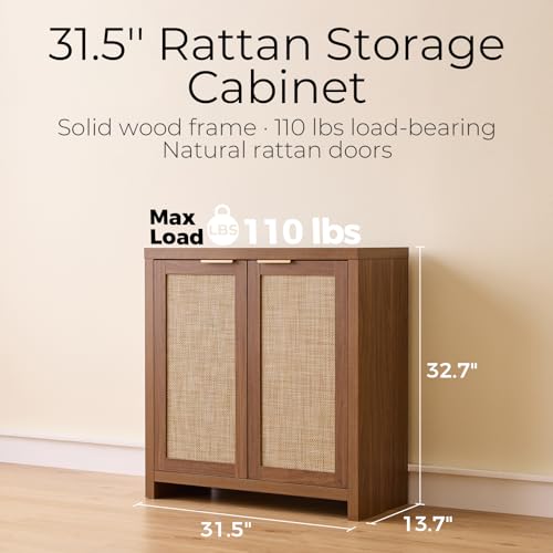 Image of OAKHAM HOME Rattan Sideboard Cabinet for Living Room, Brown | Buffet Cabinet with 2 Soft-Close Doors, Adjustable Shelves and 110 lbs Top, For Living Room, Kitchen, Entryway