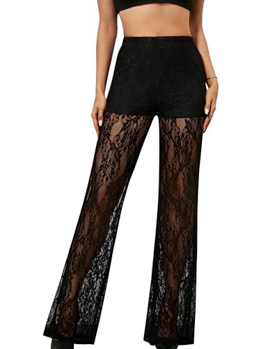 Lace Pants for Women Sexy See Through Sheer Floral Pants High Waisted Straight Leg Long Pants Stretchy Club Wear Going Out Black L