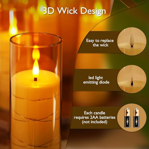 Image of LTETTES Acrylic Fiber Glass Led Candles Set of 12 | Embedded Star String Lights | Flickring Wick | 2 AA Battrey Operated with Remote | Home Decor & Festival | H 5.5'', 6.5'', 7.5'' x D 2.3'' | Gold