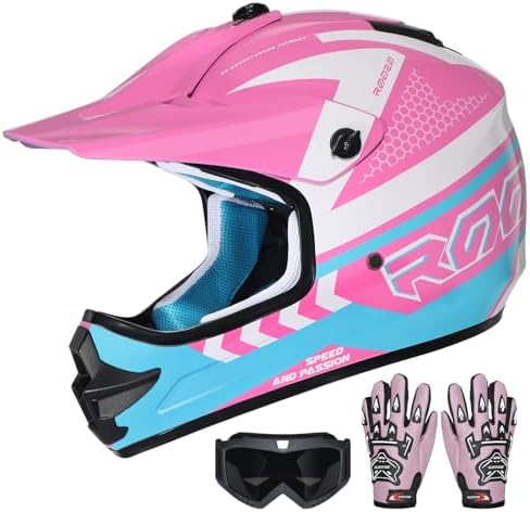 ROOZO Youth Kids Dirt Bike Helmet DOT Certified - Full Face Motorcycle Helmet for Off-Road, ATV, Street Riding, Includes Adjustable Goggles & Protective Gloves
