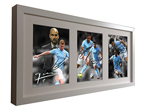 Signed White 2017/18 Manchester City Pep Guardiola - Kevin De Bruyne - Sergio Agüero - Raheem Sterling - Gabriel Jesus - Leroy Sane - Autographed Photo Photograph Picture Frame Football Soccer Gift