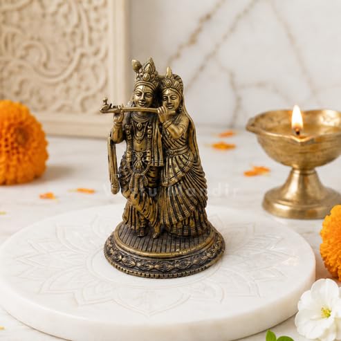 Image of Brass Radha Krishna Idol, Vastu Remedy for Love & Harmony (6 Inch, 520 g)