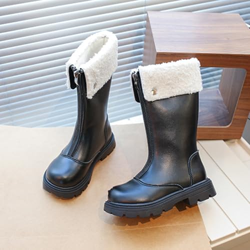 Front Zipper Girls Fleece Fur Lined Cowboy Boots Mid Calf Chunky Low Heel Winter Snowday Motorcycle Biker Boots3