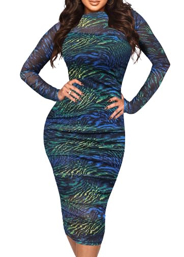 Image of MOEENCN Sexy Long Sleeve Midi Dress for Women Sheer Mesh Printed 2 Piece Skirt Set Crew Neck See Through Bodycon Party
