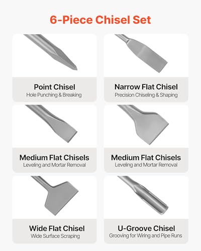 Image of VEVOR SDS Plus Chisel Set, 6pcs SDS Plus Rotary Hammer Drill Attachments, Includes Point, Flat, & U-Groove Chisels, Heat Treated 40Cr Alloy Steel, Sharp Edge for Demolition, Concrete and Brick