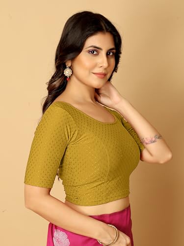 Image of Amazon Brand - Anarva Round Neck Dobby Cotton Lycra Stretchable Elbow Half Sleeve Readymade Saree Blouse for Women Stylish