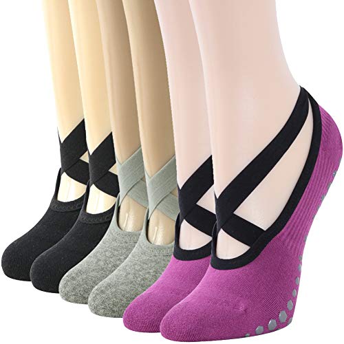 Gmark Every Day Exercise Women Yoga Socks, Athletic Invisible Slipper Socks With Grips For Hospital, Pilates, Pure Barre, Barefoot Workout Keep At Home(Heel Ballet Straps 3 Pairs Black&Grey&Purple M)