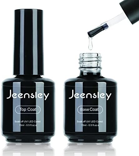 Jeensley Gel Nail Polish Top Coat and Base Coat Set 15ml each Bottle Cured by UV LED Lamp Home Nail Art DIY Glossy Finish Shine Manicure Gifts