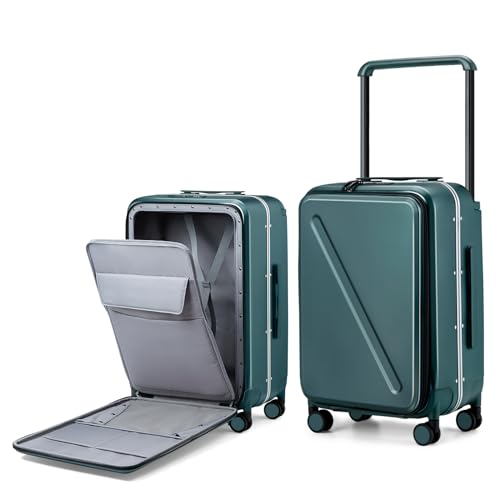 MILADA Wide Handle Luggage with Front Pocket Hardshell Aluminium Check In Suitcase with Wheels Medium 24 Inch Front Opening Checked Luggage with Spinner Wheels TSA Approved Luggage, Blackish Green