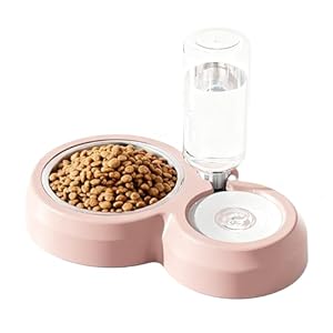 JAY D.L Double Dog Bowls, Cat Food and Water Bowl Set with Water Dispenser and Stainless Steel Bowl Gravity Feeder for Small or Medium Size Dogs Cats Rabbits (Pink)