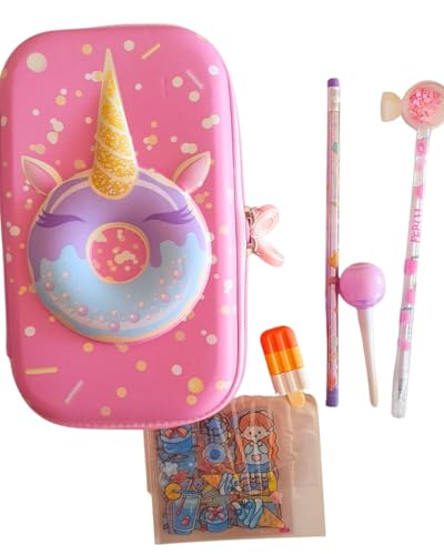 Kit Estojo Escolar Unicórnio Donuts Rosa, com Caneta Gel Preta, Marca-texto, Lápis HB, Borracha e Cartela de Adesivos