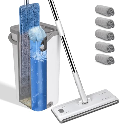 MASTERTOP Fregona Plana y Cubo Escurridor, Mopa Microfibra con Mango INOX con 5 Almohadillas Reutilizables para Limpieza Suelos, con Manos Libres para Mármol, Madera Dura (Blanco)