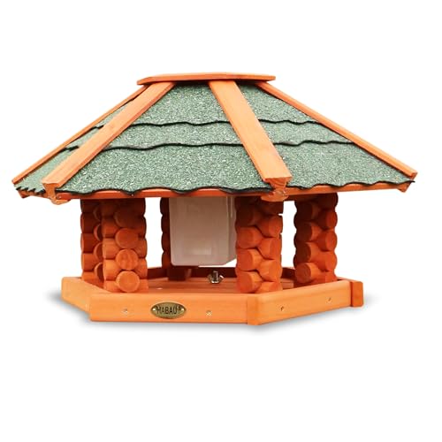 HABAU Vogelhaus mit Futtersilo und Ständer | Futterhaus für Wildvögel montiert | Silo aus Kunststoff | Sechseckiges Haus für Wildvögel (Schweden)