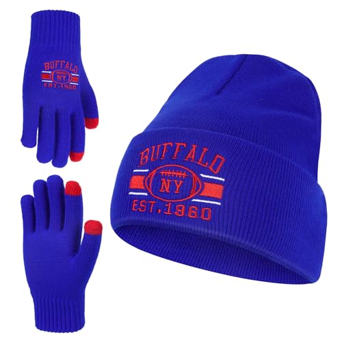 Classic Beanie Hat for Football Fans Embroidered Skull Cap Vintage Cuffed Knit Hat with Warm Winter Gloves Gifts for Men Women Bule2