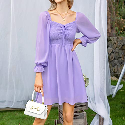 Byinns Women's Drawstring Mini Dress Sweetheart Neckline Smocked Flowy Dress Puff Long Sleeve Ruffle Cute Wedding Guest Dress Purple #TOP3
